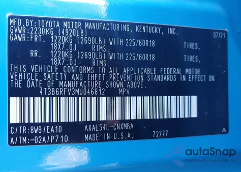 2021 Toyota Rav4 Hybrid Xle Premium z USA, uszkodzony, nr VIN 4T3B6RFV3MU046812